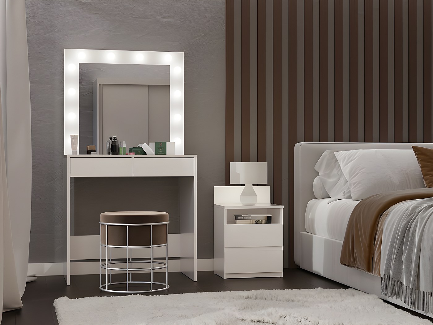 Comodino Stretto Con LED Bluetooth E Stazione Di Ricarica – 4 Ripiani, 2 AC + 2 USB, Bianco