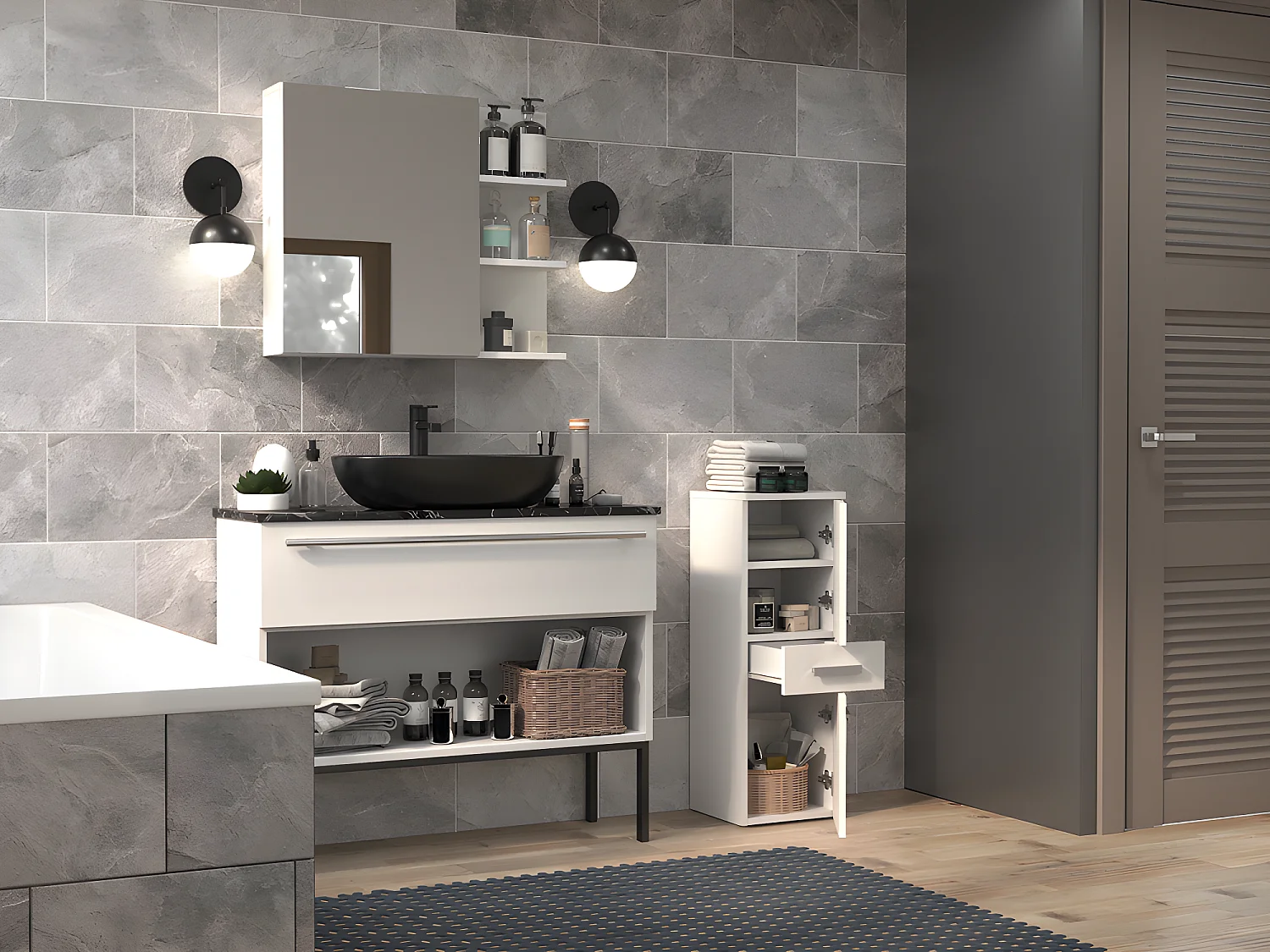 NINA - Meuble salle de bain 2 portes + 1  tiroir - 30x30x85cm - Colonne basse rangement SDB