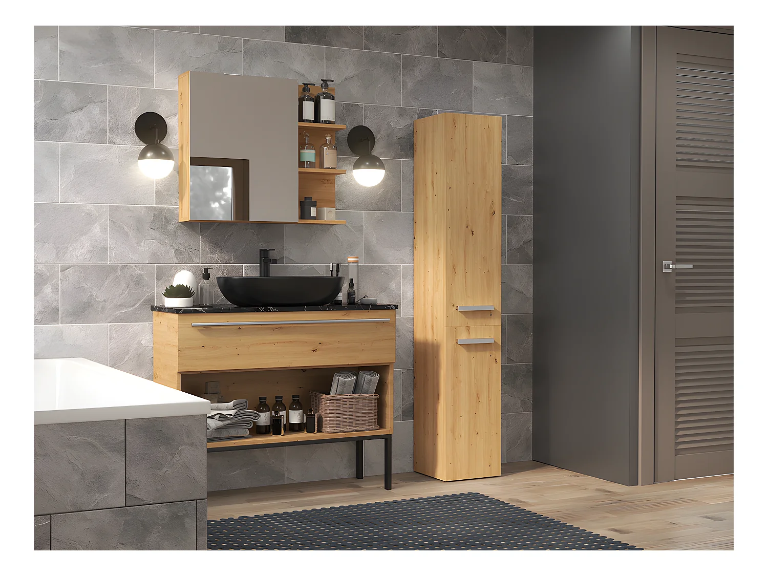 YANA - Meuble salle de bain avec panier à linge - 31x30x174 cm - Colonne rangement SDB