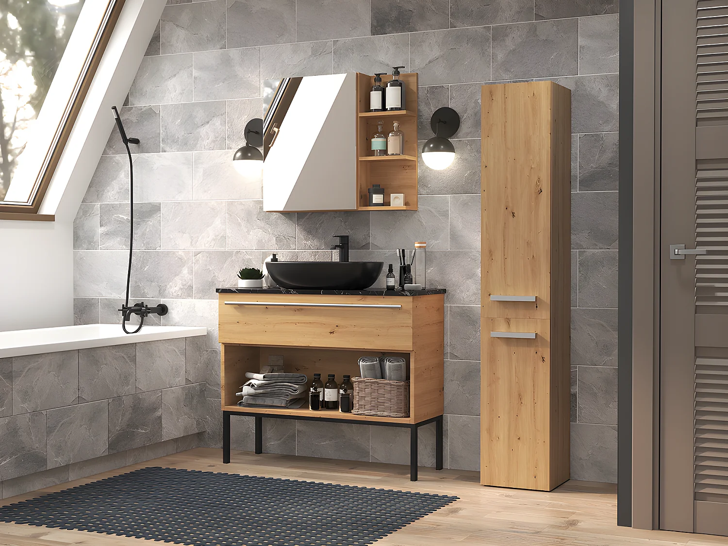 YANA - Meuble salle de bain avec panier à linge - 31x30x174 cm - Colonne rangement SDB