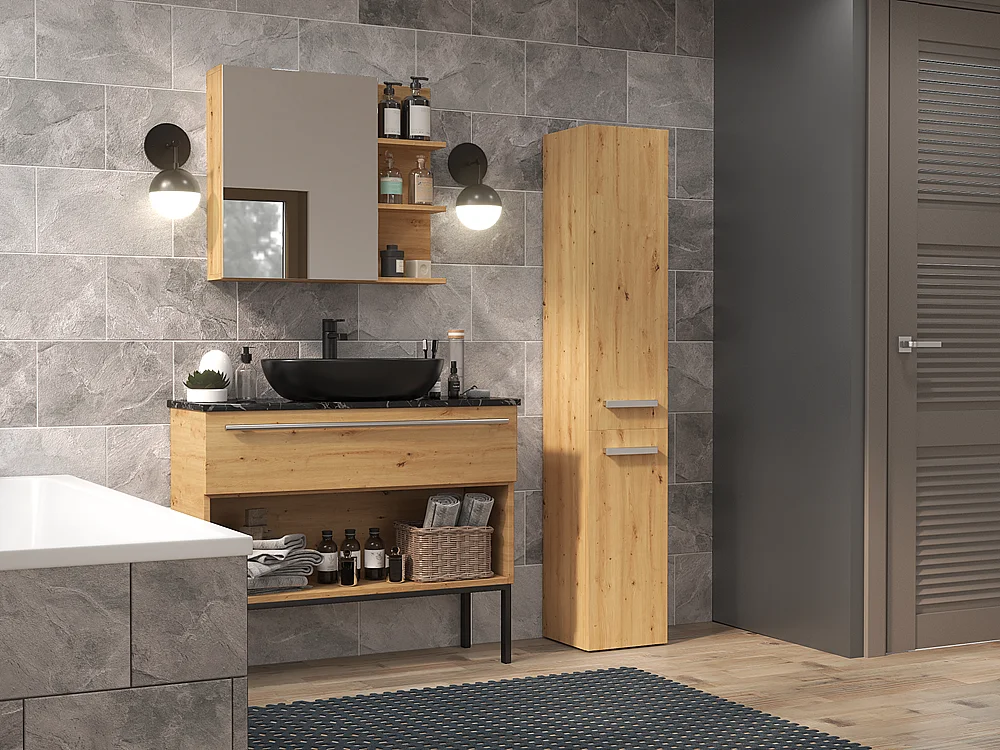 CDF Bad-Hochschrank NEL IV | Farbe: Eiche Artisan | Modernes Badregal | Stauraumschrank | Geräumige Einlegeböden | Türen | Einfache Montage | Stilvolle Griffe