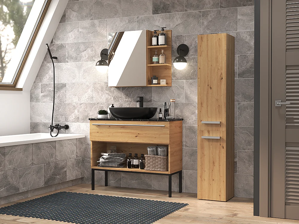 CDF Bad-Hochschrank NEL IV | Farbe: Eiche Artisan | Modernes Badregal | Stauraumschrank | Geräumige Einlegeböden | Türen | Einfache Montage | Stilvolle Griffe