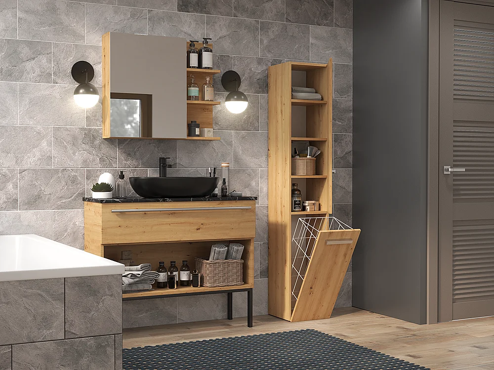 CDF Bad-Hochschrank NEL IV | Farbe: Eiche Artisan | Modernes Badregal | Stauraumschrank | Geräumige Einlegeböden | Türen | Einfache Montage | Stilvolle Griffe