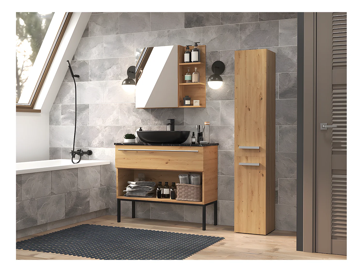 KOMMA - Meuble salle de bain 2 portes - 31x30x174 cm - Colonne rangement SDB