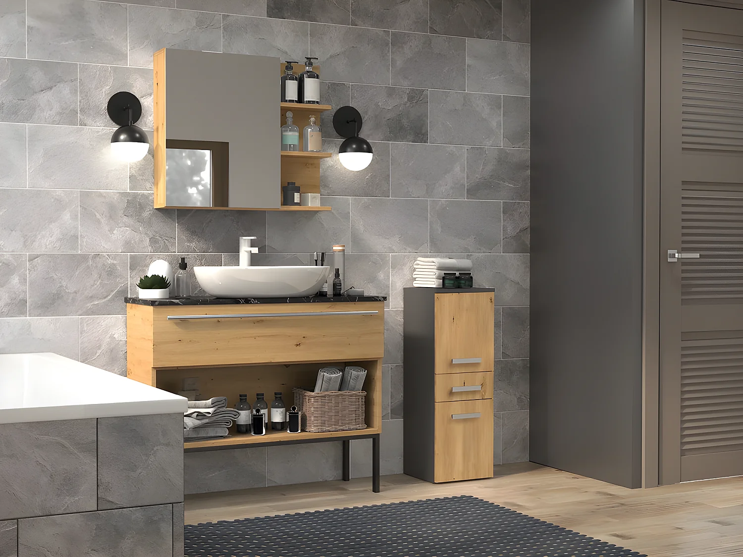 NINA - Mueble de baño 2 puertas + 1 cajón - 30x30x85cm - Columna baja de almacenaje para baño