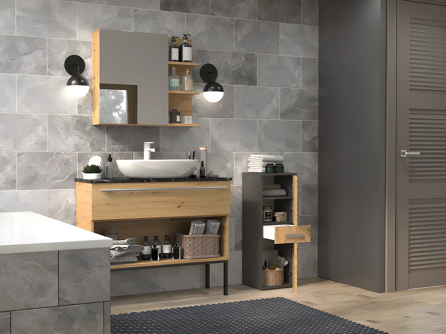 NINA - Mueble de baño 2 puertas + 1 cajón - 30x30x85cm - Columna baja de almacenaje para baño