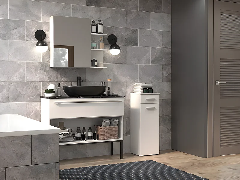 JOKKE - Mueble de cuarto de baño 1 puerta + 1 cajón - 30x30x85cm - Columna baja de almacenaje para cuarto de baño