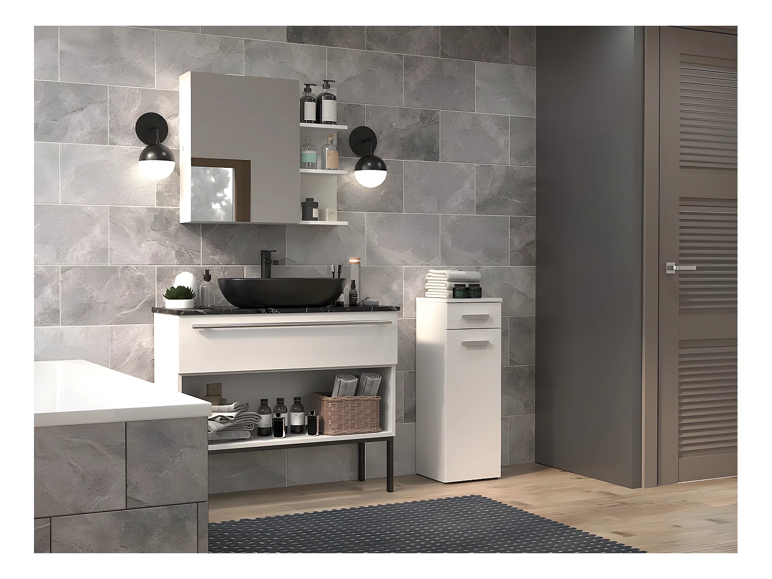 JOKKE - Meuble salle de bain 1 porte + 1  tiroir - 30x30x85cm - Colonne basse rangement SDB