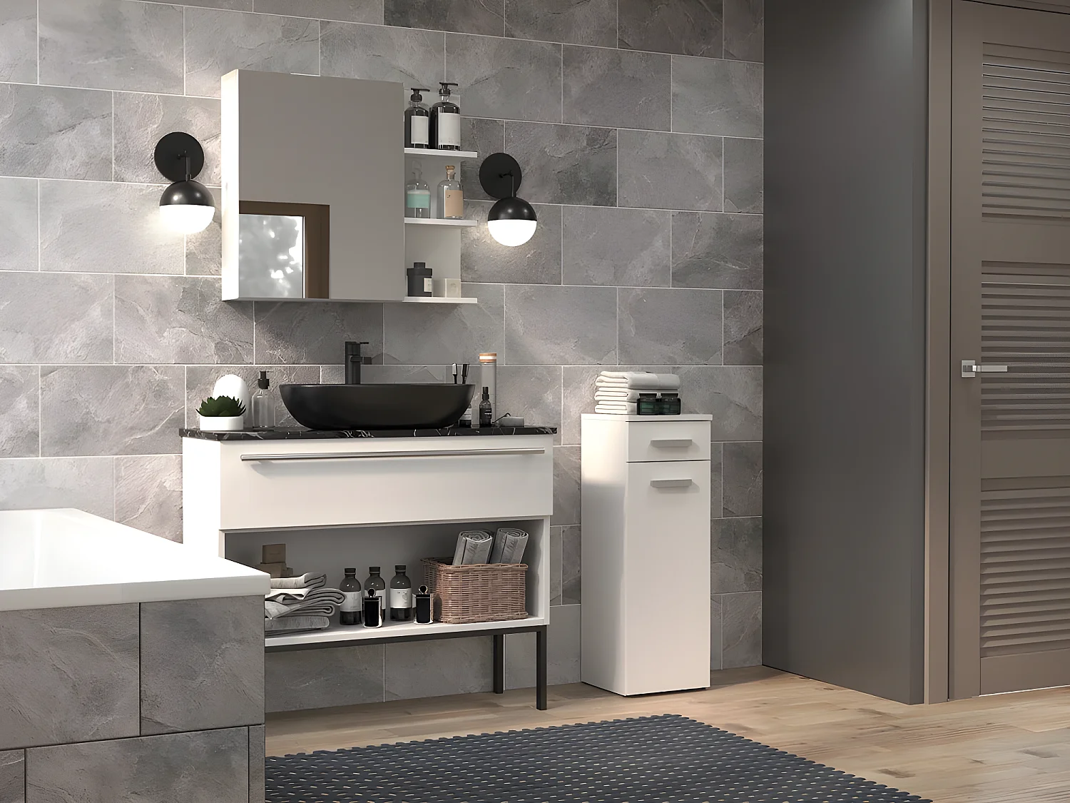 JOKKE - Mueble de cuarto de baño 1 puerta + 1 cajón - 30x30x85cm - Columna baja de almacenaje para cuarto de baño