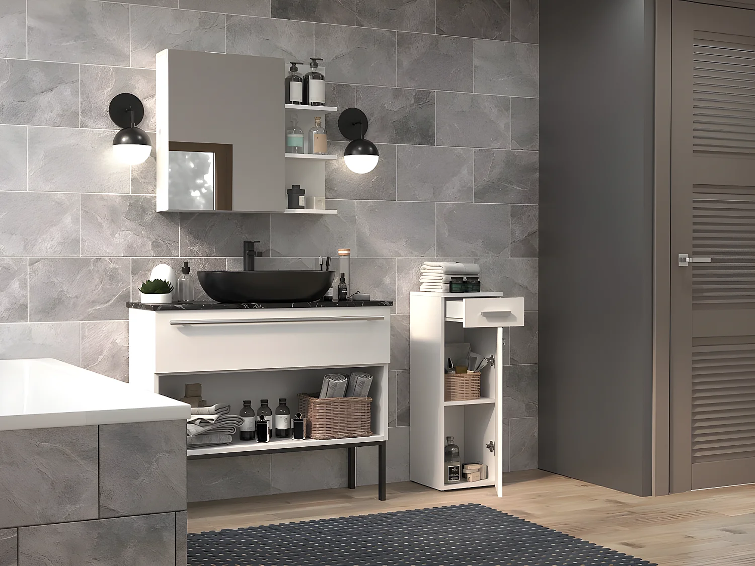 JOKKE - Mueble de cuarto de baño 1 puerta + 1 cajón - 30x30x85cm - Columna baja de almacenaje para cuarto de baño