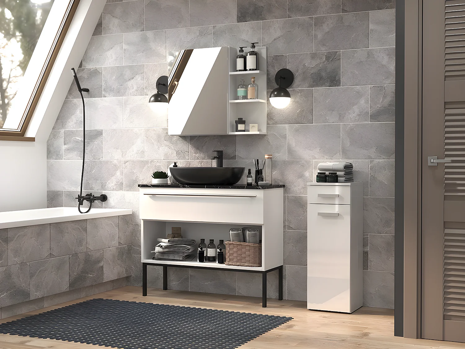 JOKKE - Mueble de cuarto de baño 1 puerta + 1 cajón - 30x30x85cm - Columna baja de almacenaje para cuarto de baño