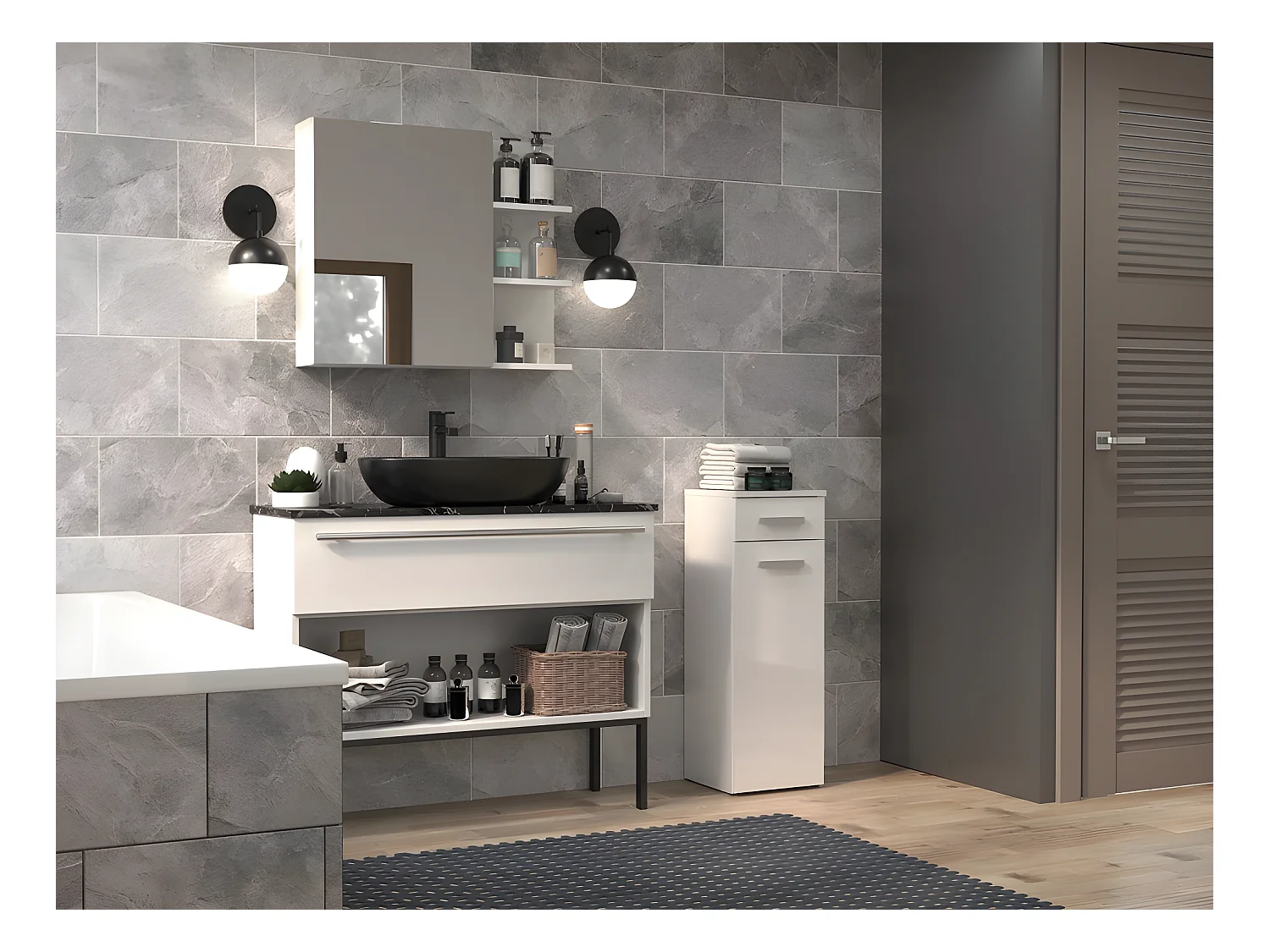 JOKKE - Meuble salle de bain 1 porte + 1  tiroir - 30x30x85cm - Colonne basse rangement SDB