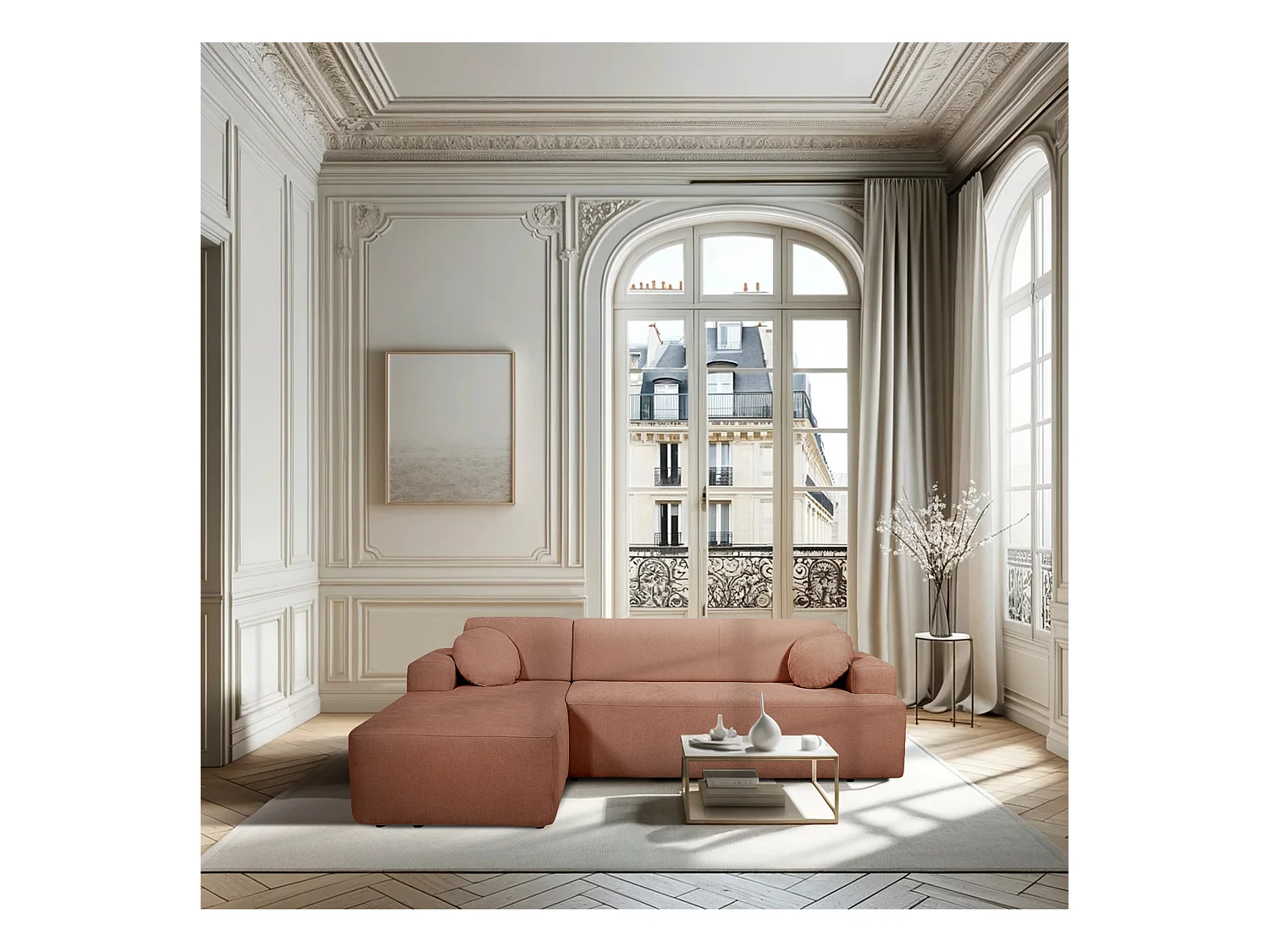 Canapé d'angle gauche 4 places en tissu chenille rouille CONCORD - MADE IN FRANCE