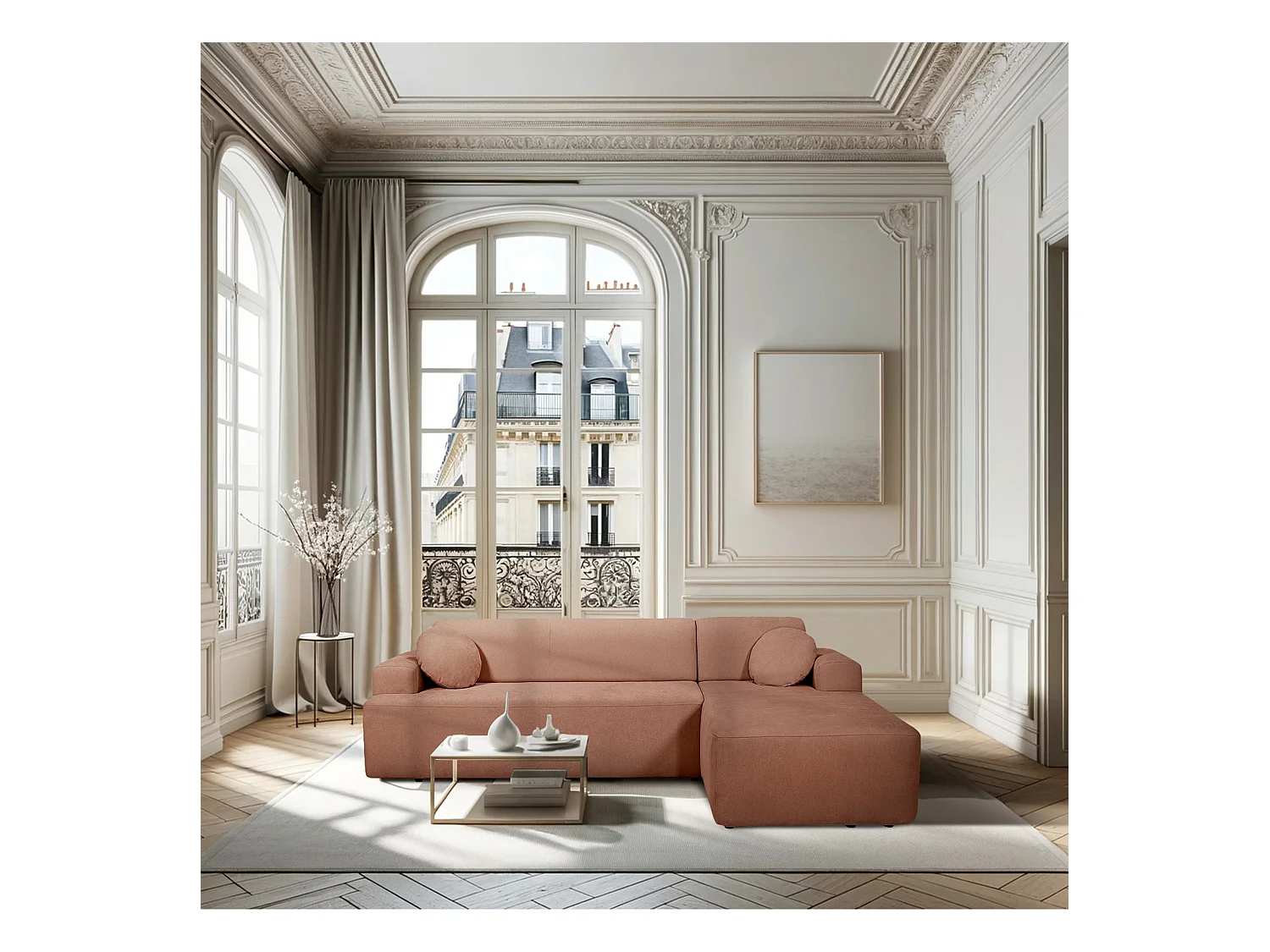 Canapé d'angle droit 4 places en tissu chenille rouille CONCORD - MADE IN FRANCE