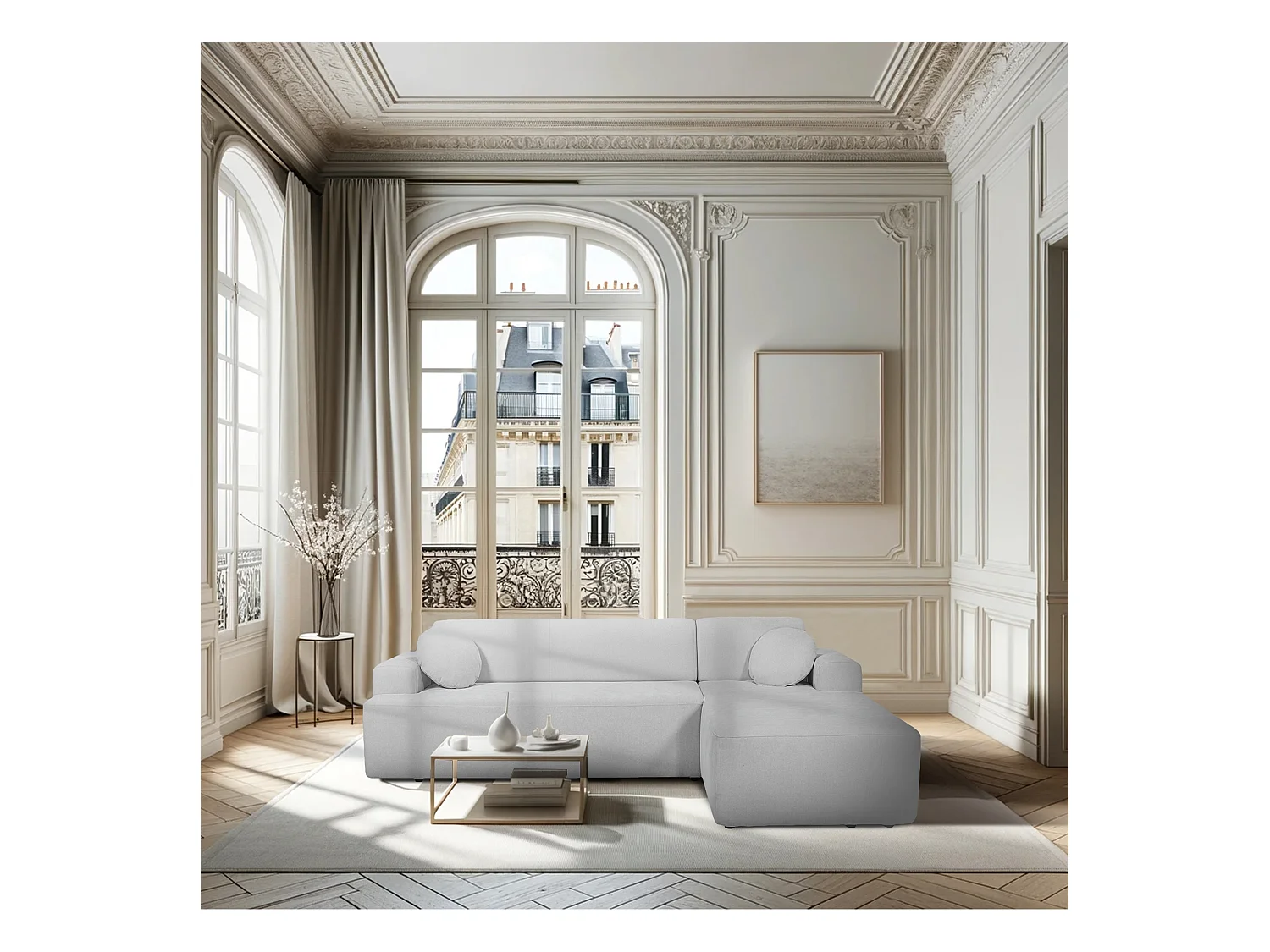 Canapé d'angle droit 4 places en tissu chenille gris clair CONCORD - MADE IN FRANCE