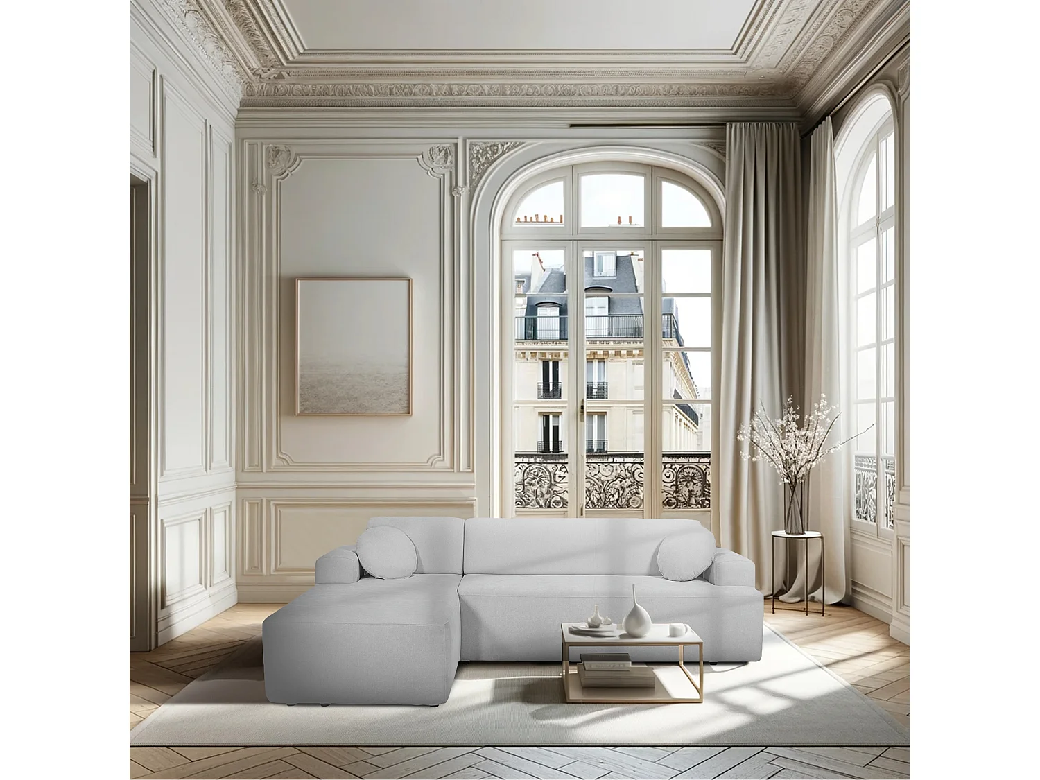 Canapé d'angle gauche 4 places en tissu chenille gris clair CONCORD - MADE IN FRANCE