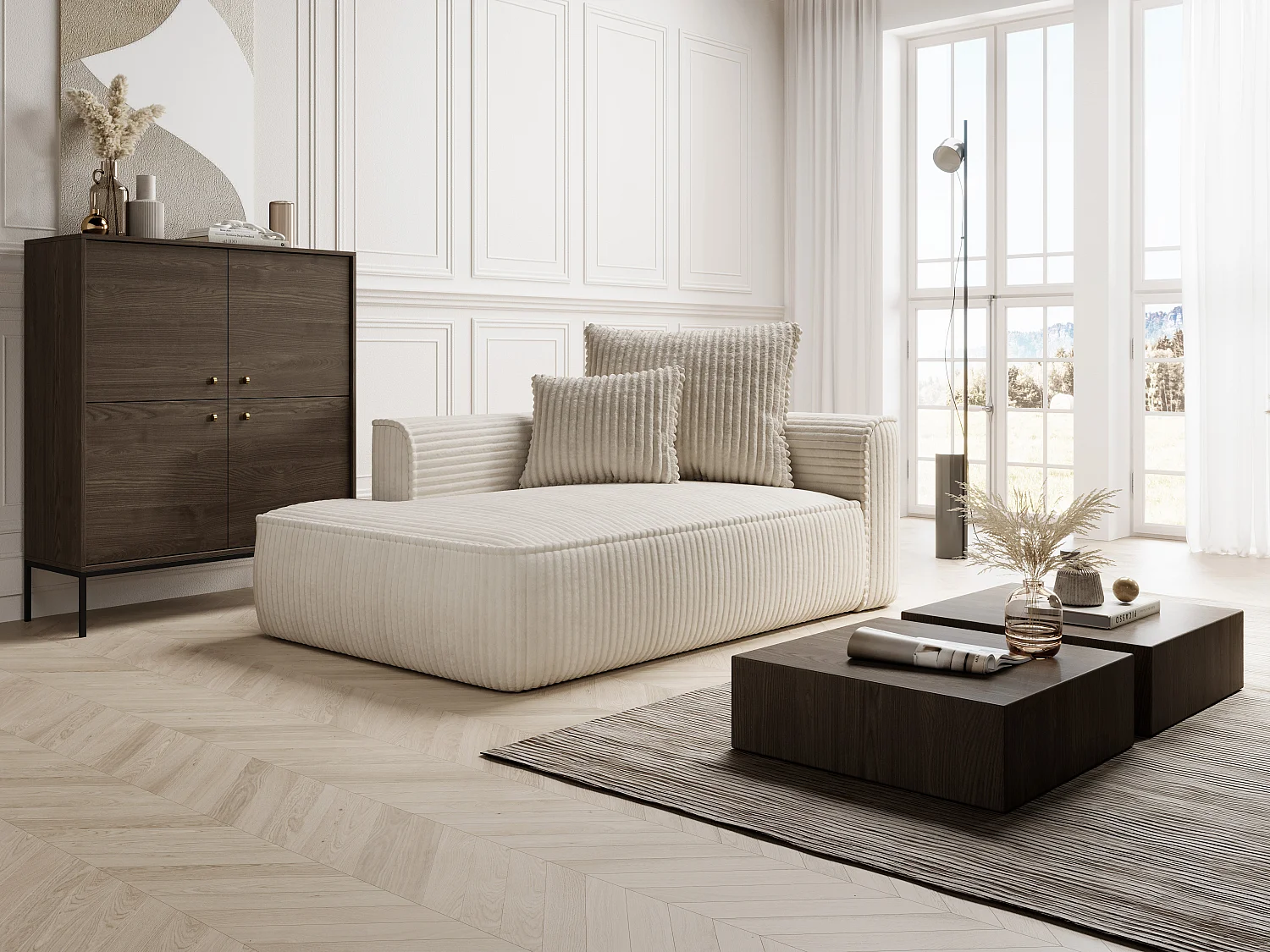 Recamiere - linksseitig - grob gerippter Cord - Beige - PINETA