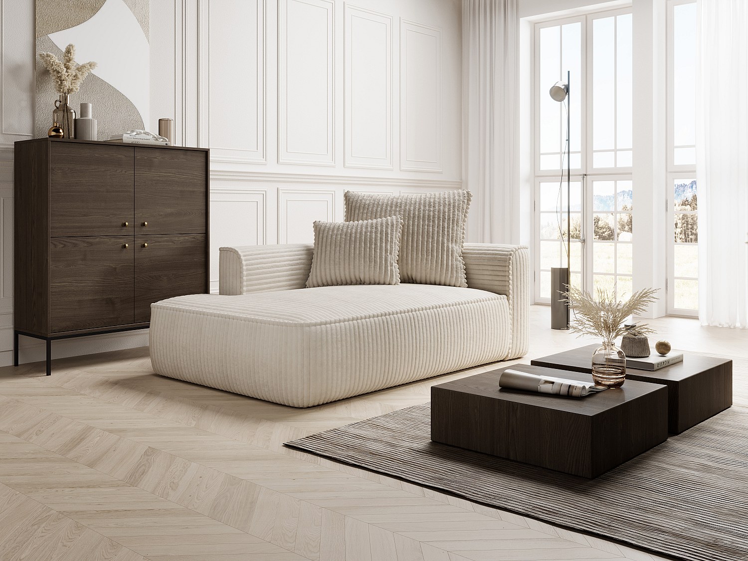 Vente-unique Recamiere - Linksseitig - Grob Gerippter Cord - Beige - Pineta