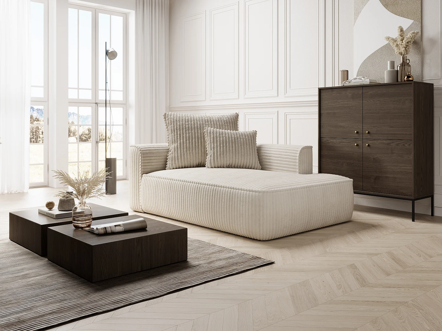 Méridienne droite en velours côtelé grosses côtes beige PINETA