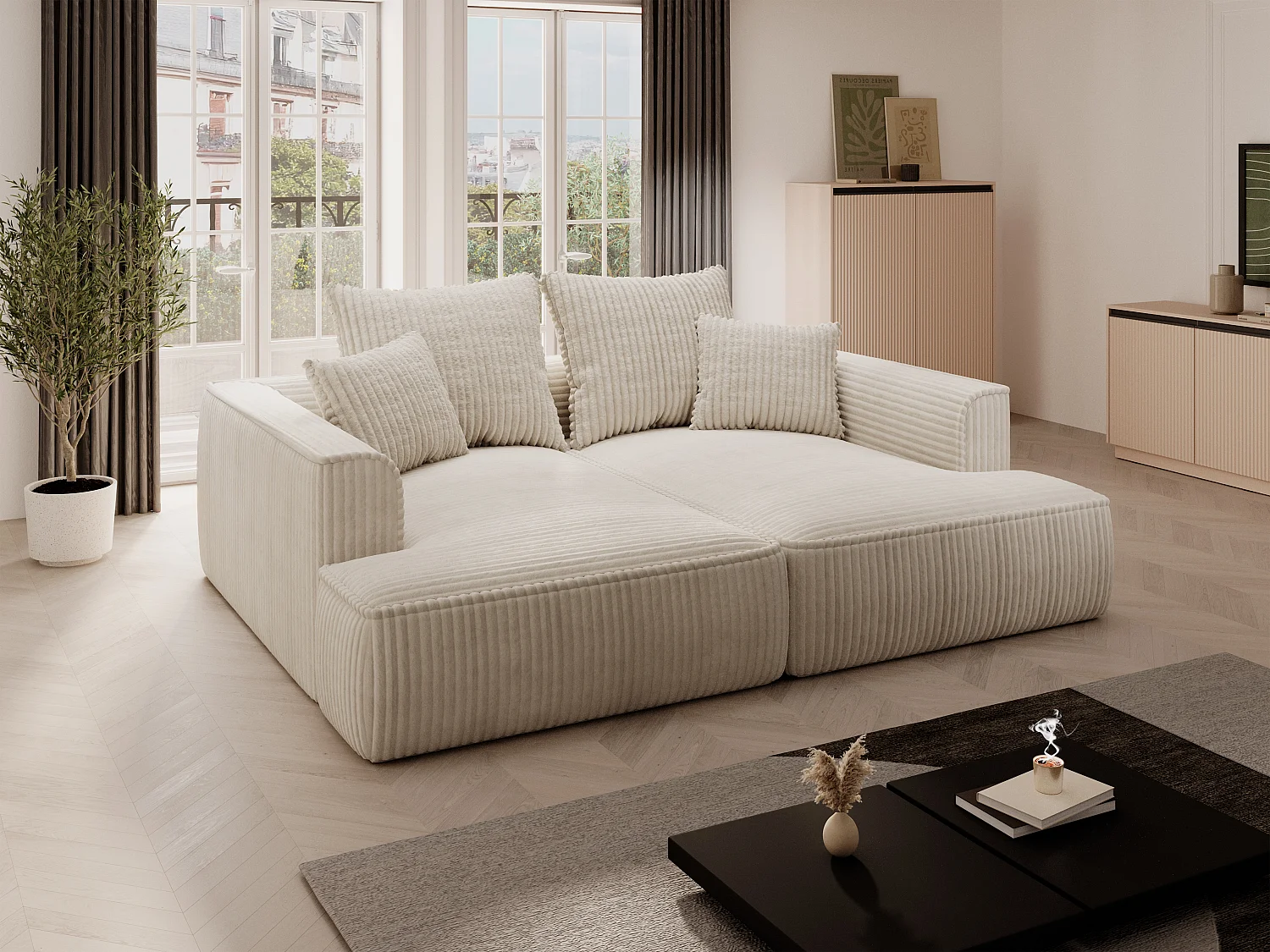 Sofa 3-Sitzer - tiefe Komfortsitzfläche - grob gerippter Cord - Beige - PINETA