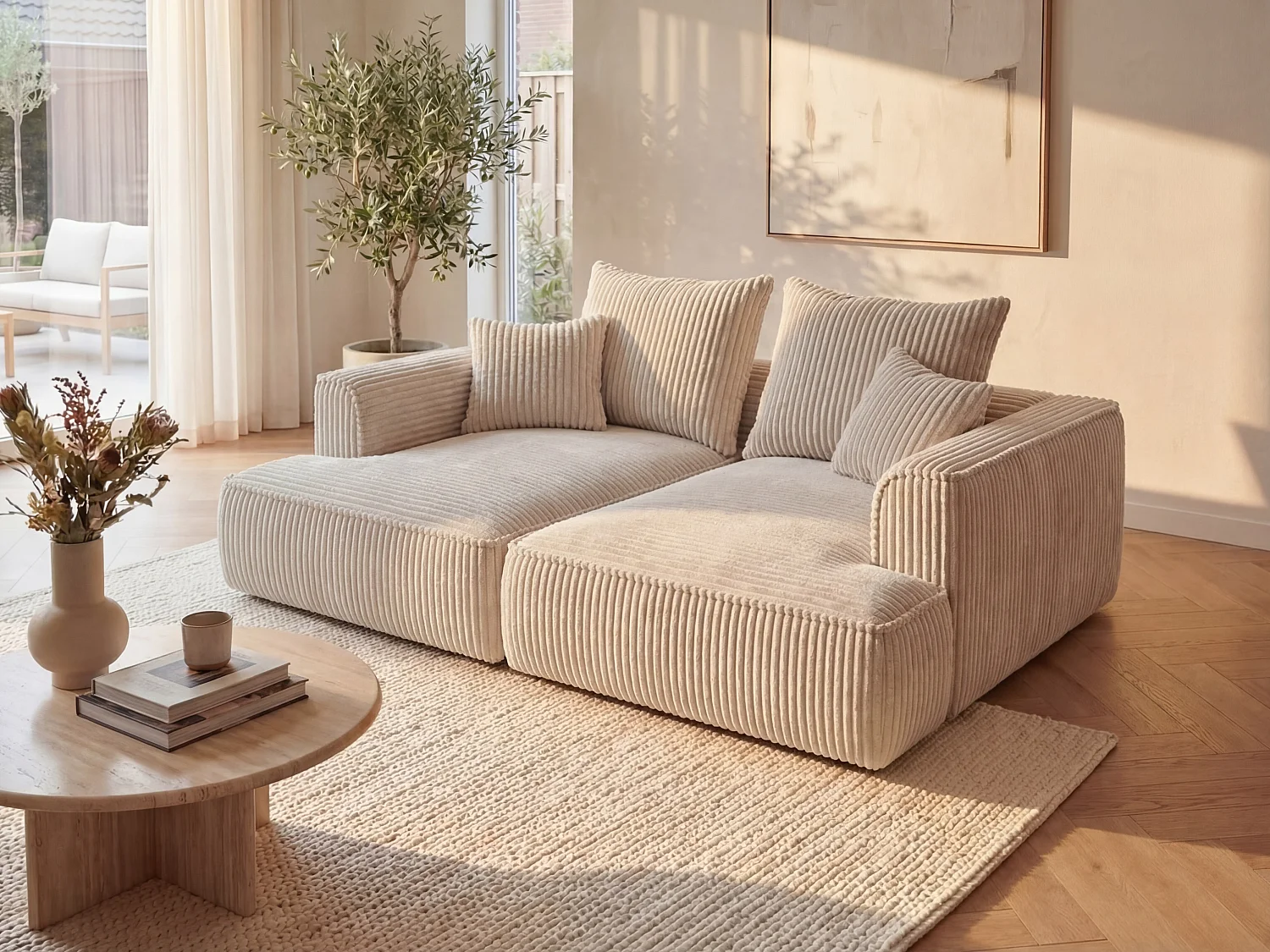 Divano 3 posti seduta comoda e profonda in Velluto a coste grosse Beige  - PINETA