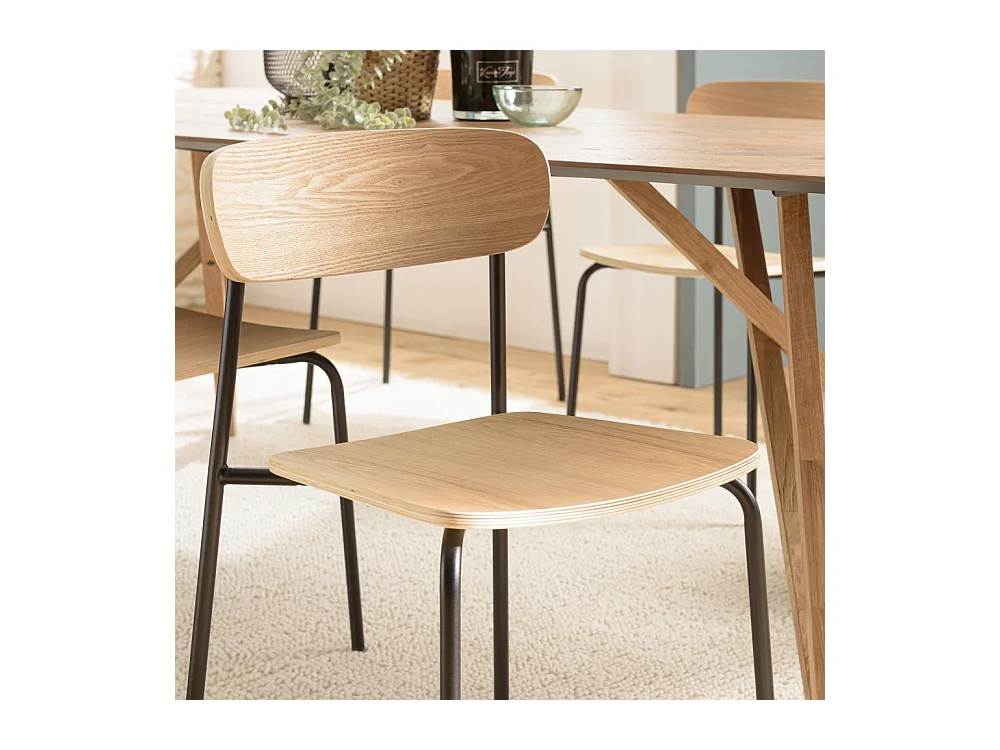 TOM - Lot de 2 chaises « écolier » en bois de frêne pieds acier noir