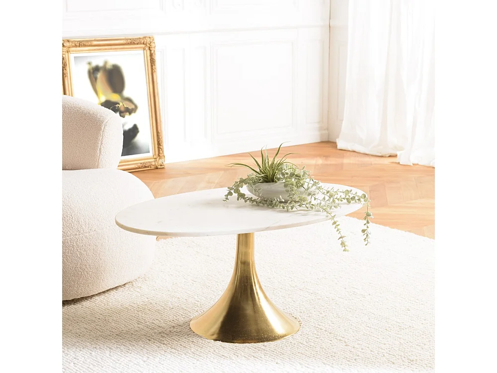 JAMES - Table basse 100x56cm plateau marbre pied évasé doré