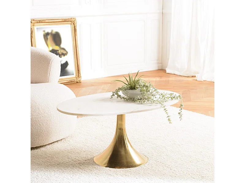JAMES - Table basse 100x56cm plateau marbre pied évasé doré