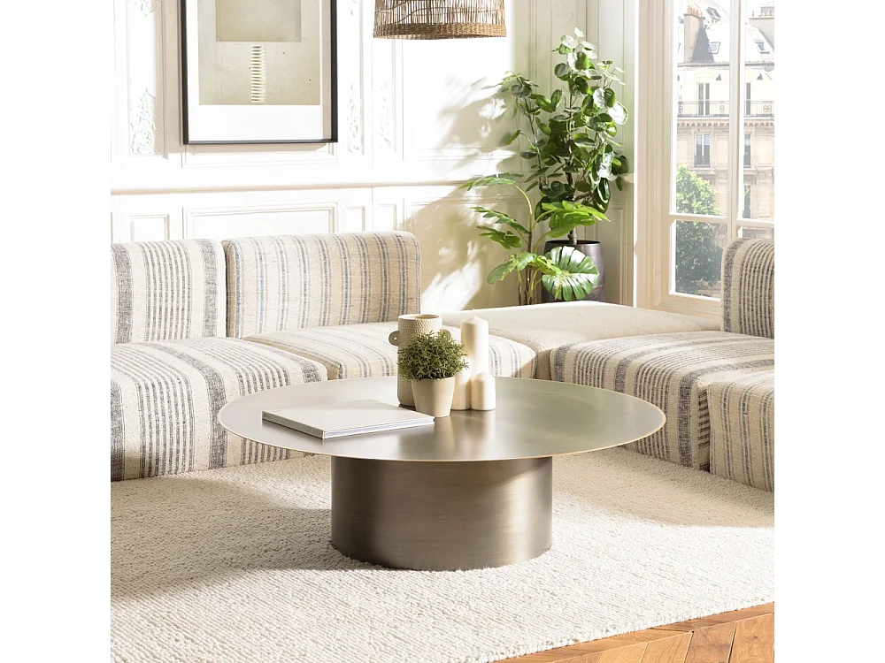 JAMES - Table basse ronde 120x120cm en métal noir et bordure dorée