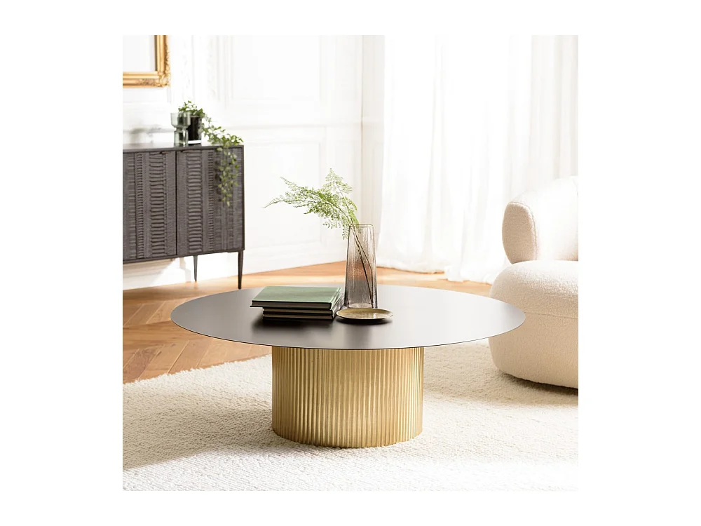JAMES - Table basse ronde 110x110cm plateau en fer noir pied strié doré