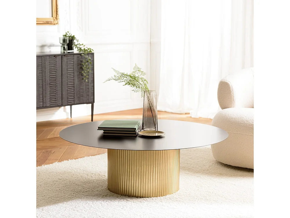 JAMES - Table basse ronde 110x110cm plateau métal noir pied strié doré