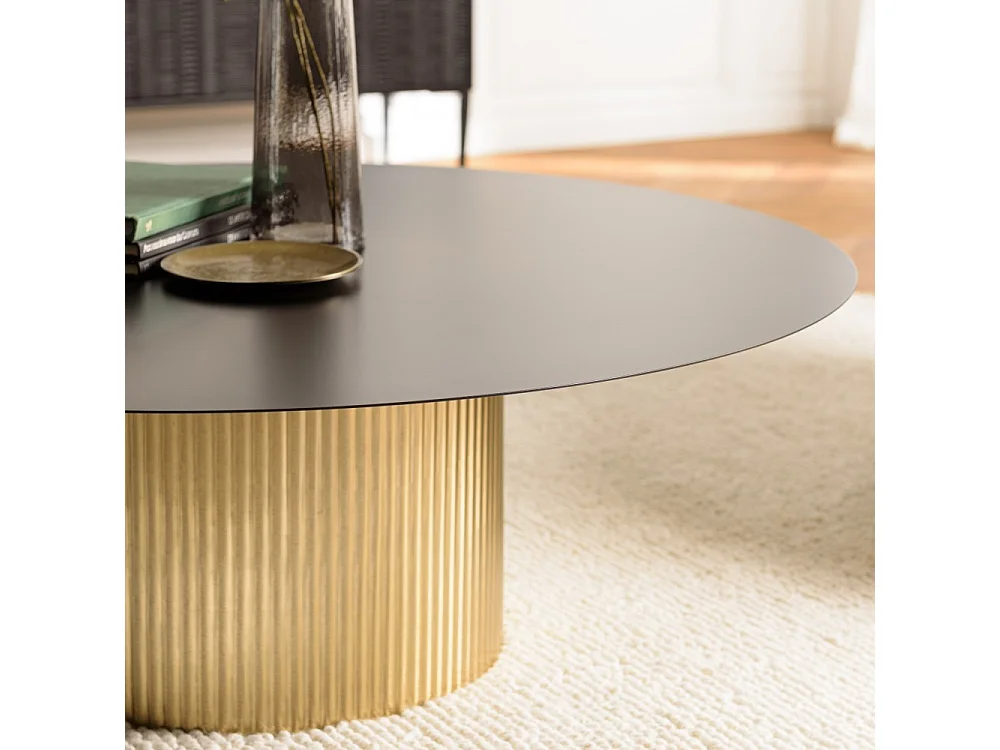 JAMES - Table basse ronde 110x110cm plateau métal noir pied strié doré