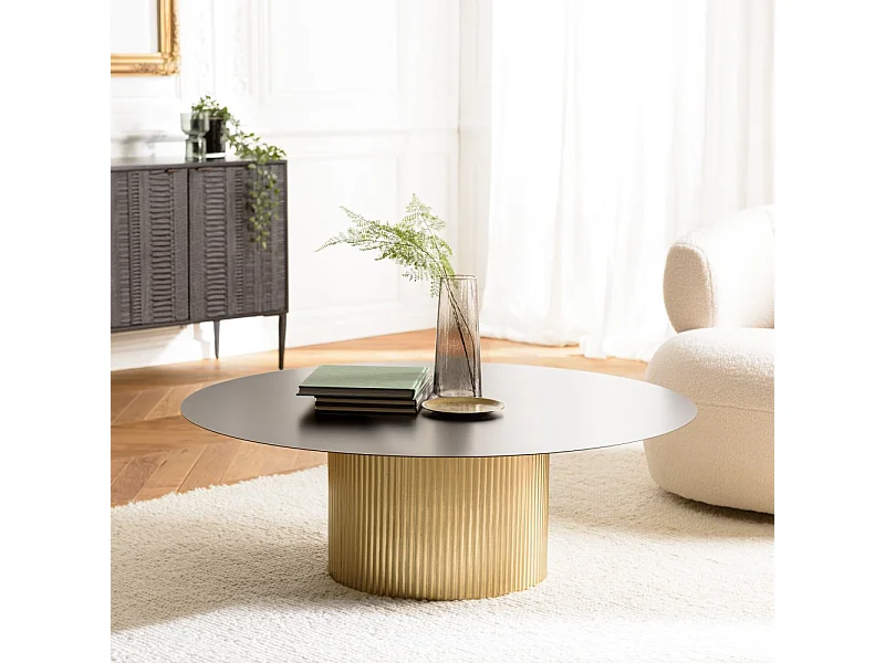 JAMES - Table basse ronde 110x110cm plateau métal noir pied strié doré