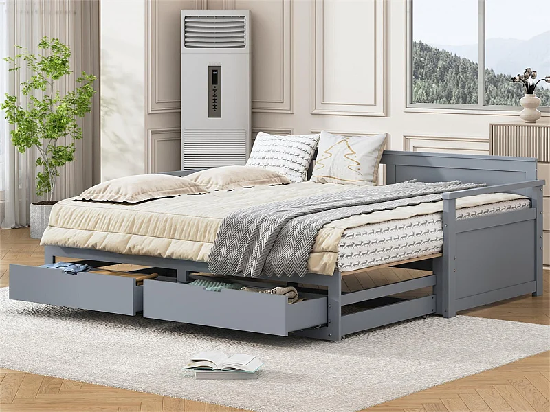 Lit gigogne 90/180x190cm en bois massif - 2 tiroirs à roulettes - Gris