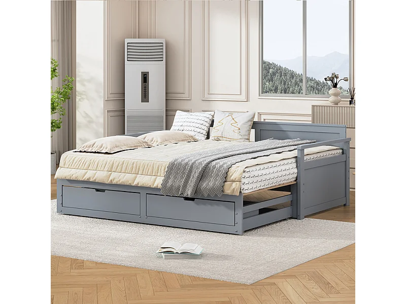 Onderschuifbed 90/180x190cm in massief hout - 2 lades op wielen - Grijs