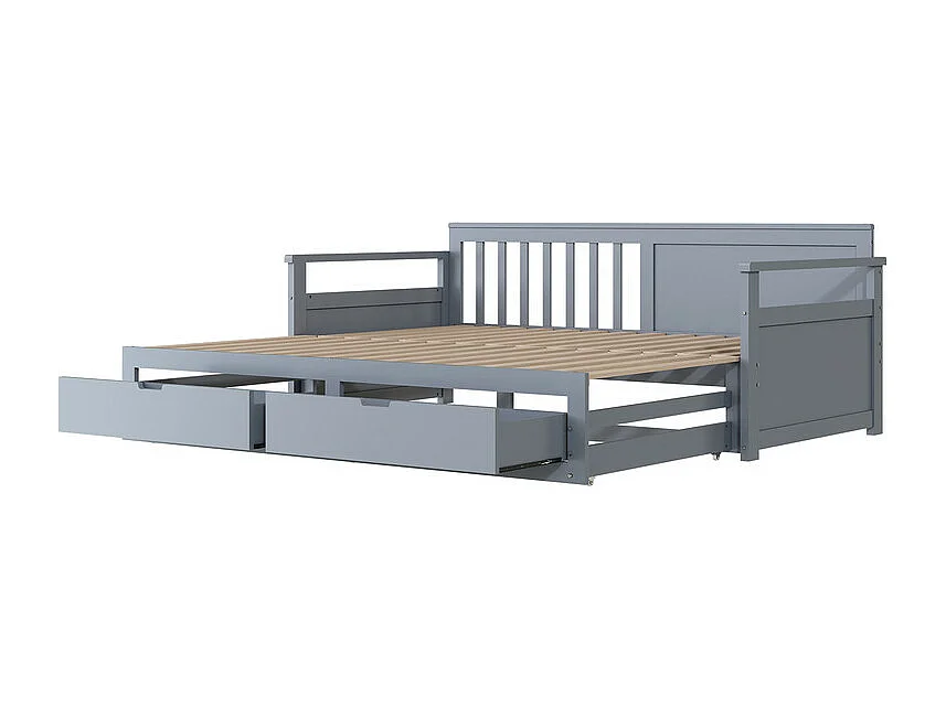 Onderschuifbed 90/180x190cm in massief hout - 2 lades op wielen - Grijs
