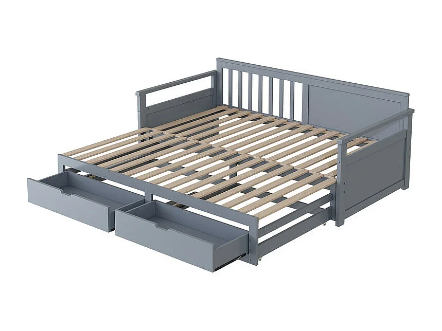 Onderschuifbed 90/180x190cm in massief hout - 2 lades op wielen - Grijs