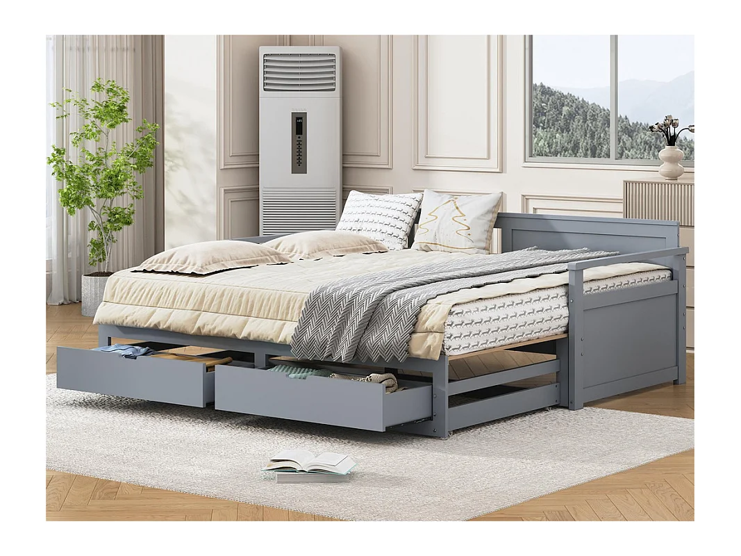 Lit gigogne 90/180x190cm en bois massif - 2 tiroirs à roulettes - Gris