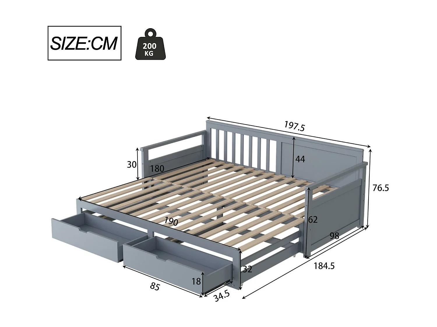Cama nido 90/180x190cm de madera maciza - 2 cajones con ruedas - Gris