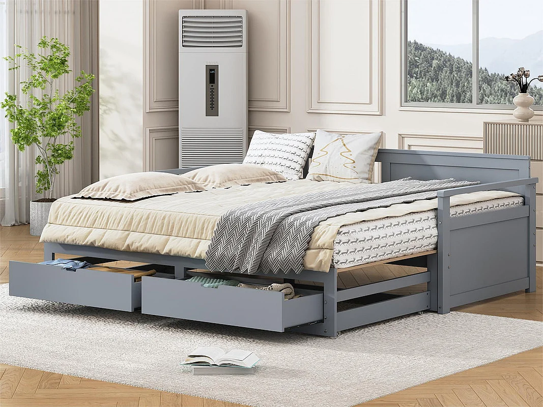 Lit gigogne 90/180x190cm en bois massif - 2 tiroirs à roulettes - Gris