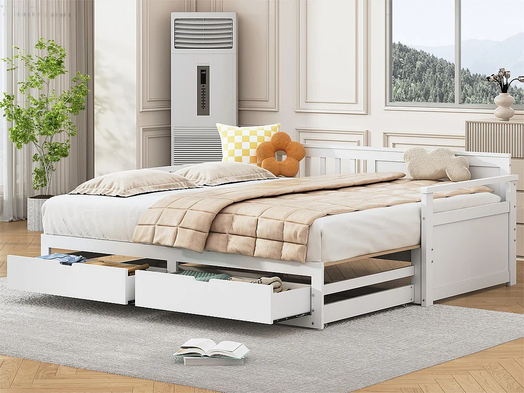 Lit gigogne 90/180x190cm en bois massif - 2 tiroirs à roulettes - Blanc