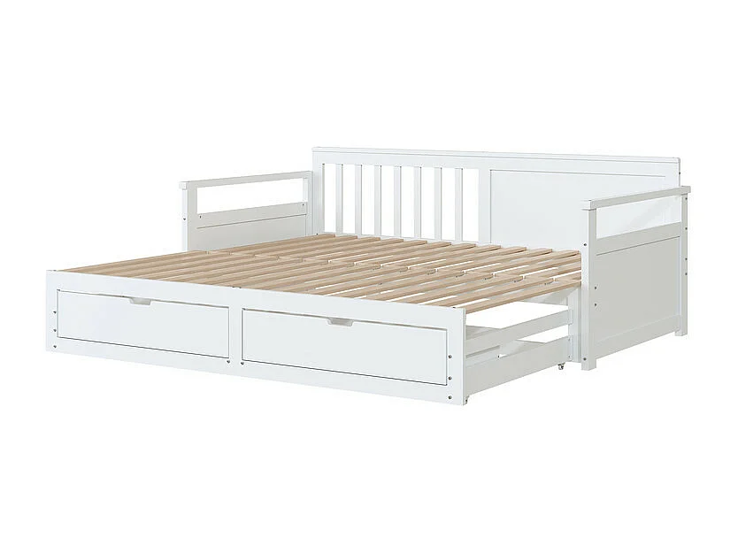 Lit gigogne 90/180x190cm en bois massif - 2 tiroirs à roulettes - Blanc