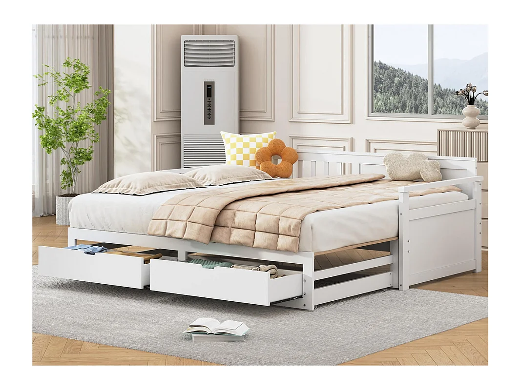 Lit gigogne 90/180x190cm en bois massif - 2 tiroirs à roulettes - Blanc