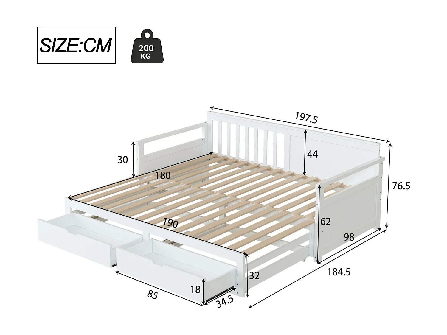 Letto estraibile 90/180x190cm in legno massello - 2 cassetti su ruote - Bianco