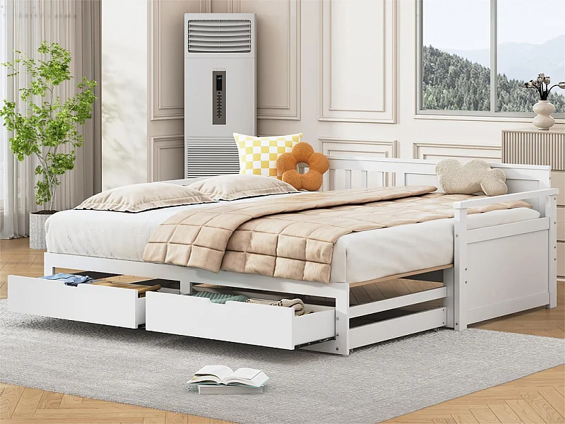 Onderschuifbed 90/180x190cm in massief hout - 2 lades op wielen - Wit