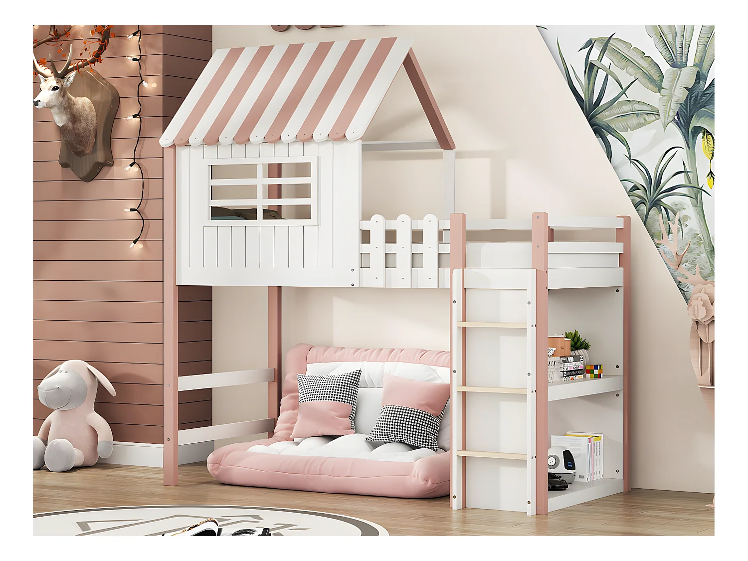 Litera de madera maciza 90x200 cm - con escalera y barrera de seguridad - con 2 estantes - Rosa