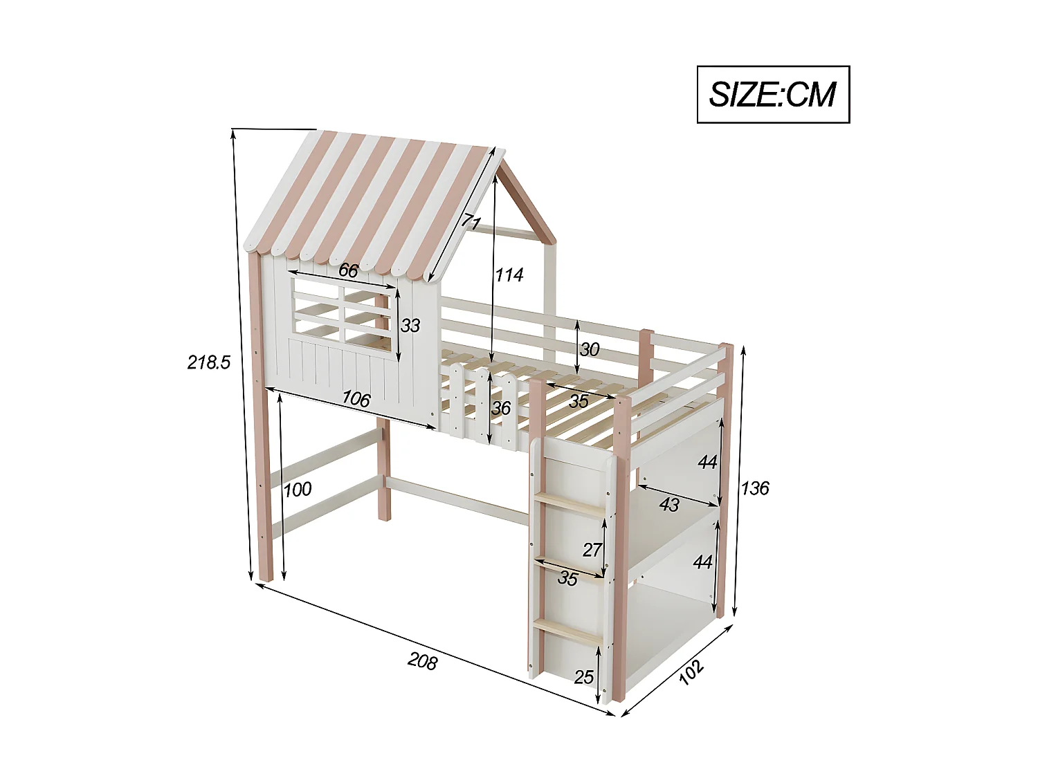 Massief houten stapelbed 90x200 cm - met ladder en veiligheidsbarrière - met 2 planken - Roze