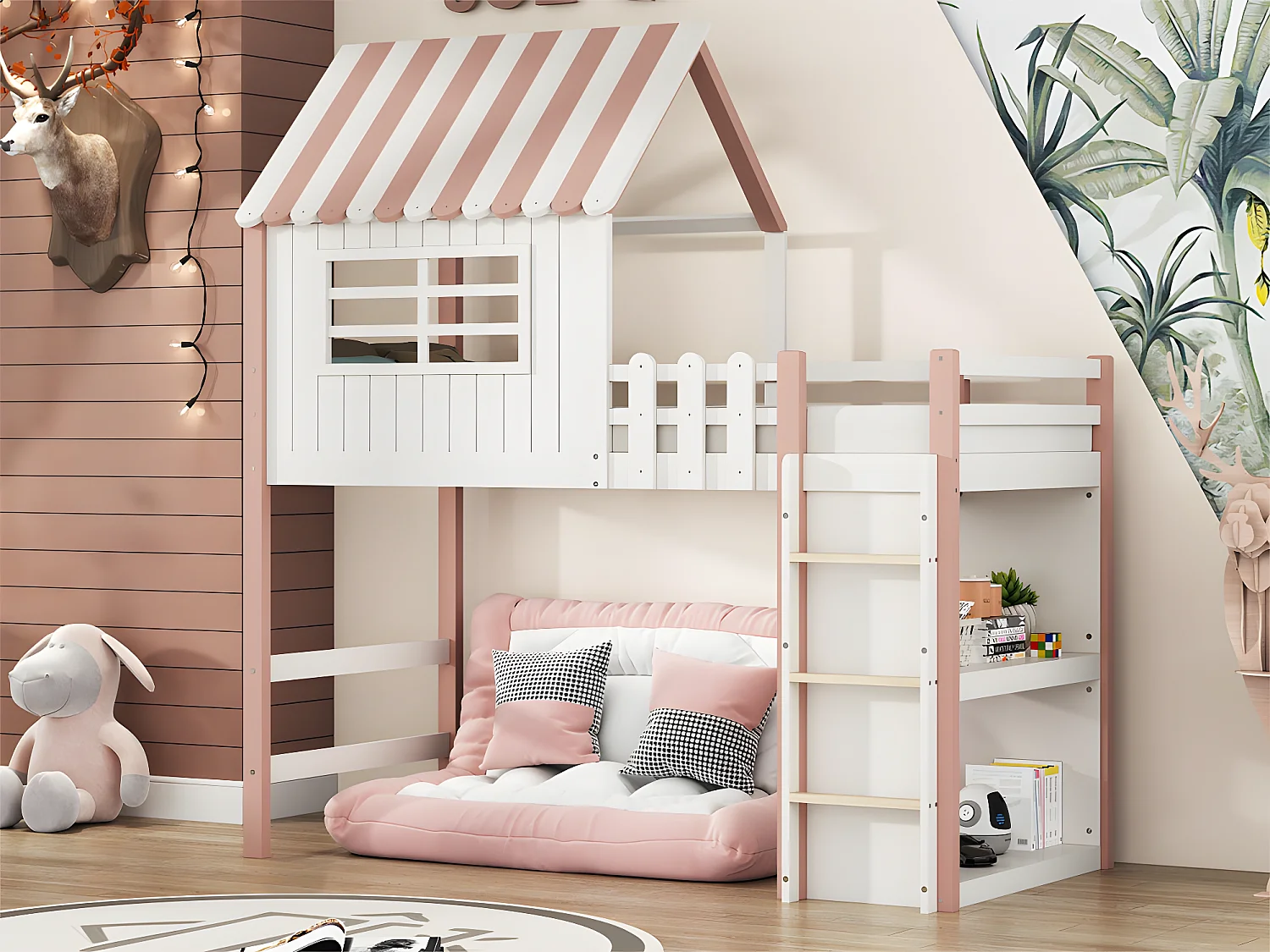 Lit superposé en bois massif 90x200 cm - avec échelle et barrière de sécurité - avec 2 étagères - Rose