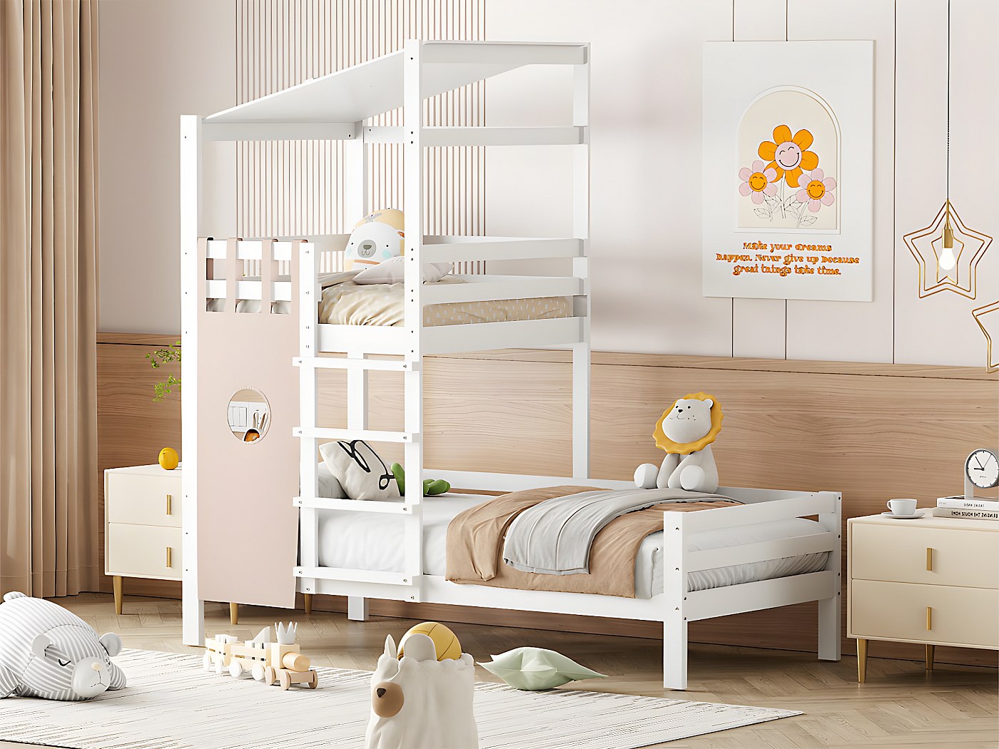 Dormitorio Juvenil Completo Litera Infantil Inter Link De Pino Macizo  90x190cm - ¡Blanca Con Barandilla Y 2 Somieres! Camas Infantiles, image size:1400x1050