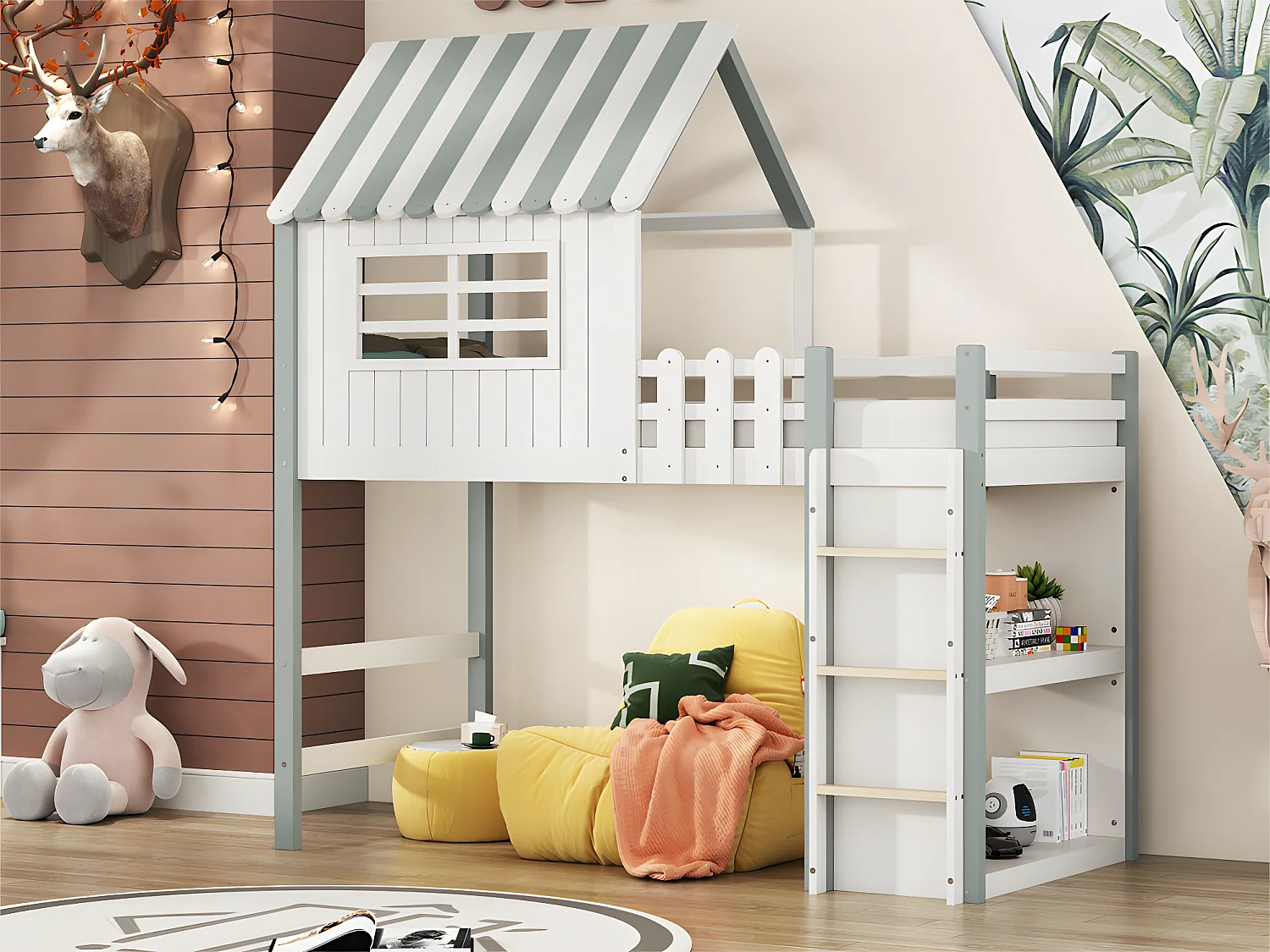 Hochbett Hausbett Kinderbett 90x200cm mit Sicherheitsleiter und Ablagefach – Weiß